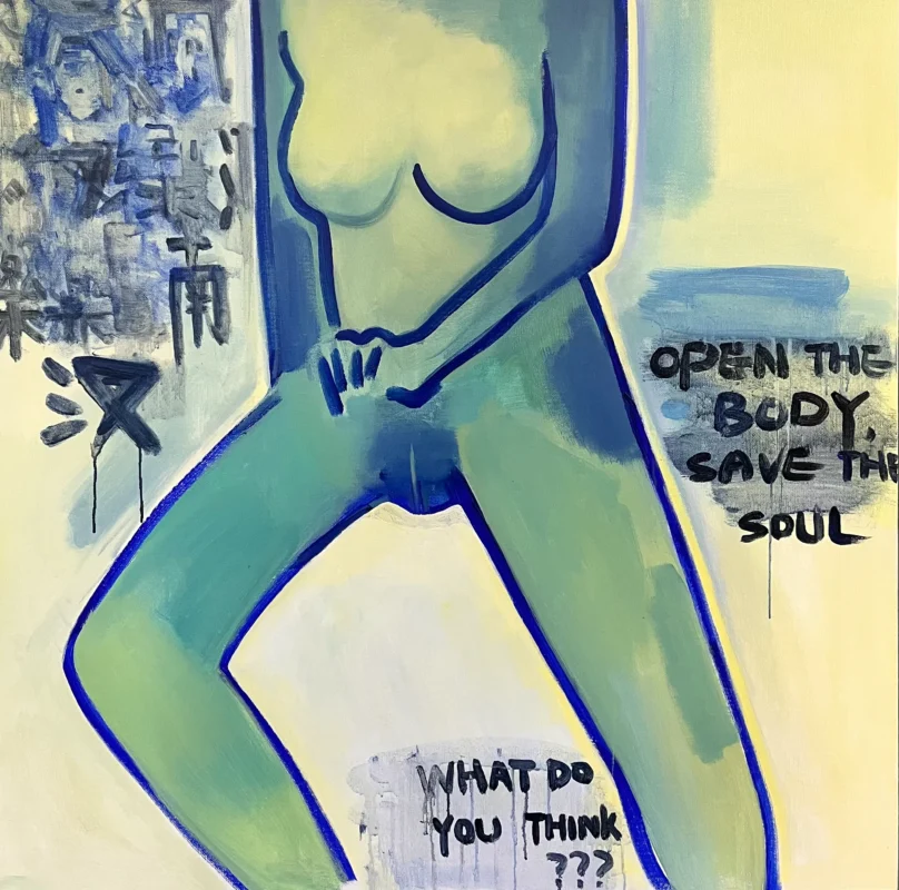 A blue-green nude figure dominates the composition, surrounded by handwritten phrases and graffiti-like marks.