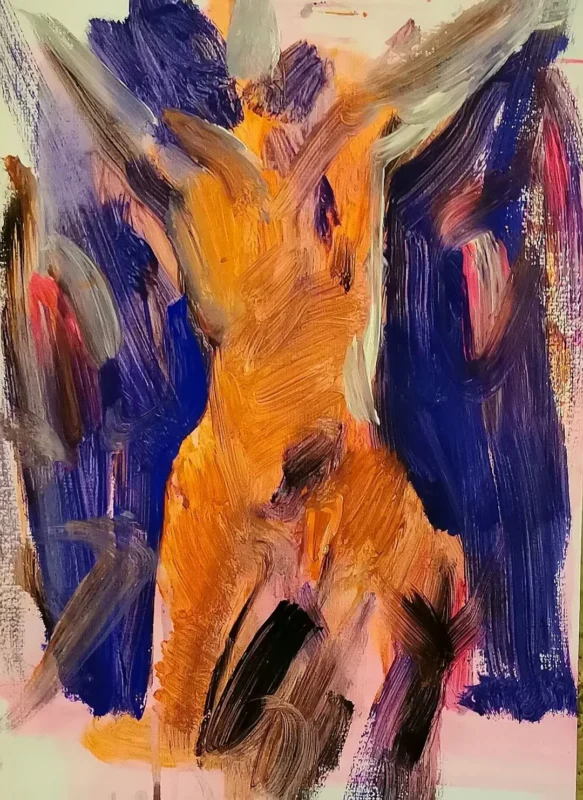 An orange-toned human figure emerges amid bold blue, violet, and gray brushstrokes, partially dissolving into an abstract surrounding space.