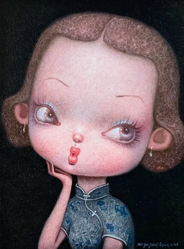Portrait of a young girl with short curled hair wearing a blue qipao dress, resting her cheek on one hand against a dark background.