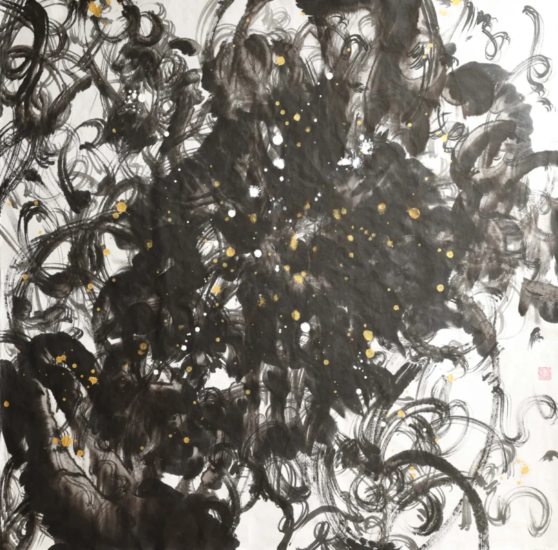 Dynamic black ink gestures spread across a white paper surface, interwoven with scattered gold and white splashes that create a layered abstract composition with calligraphic energy.