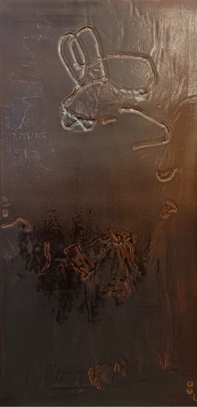 Dust of the Mortal World No.1, ceramic panel artwork by Chen Sibi featuring kiln-transformed textures, symbolic figures, and layered earthy glazes