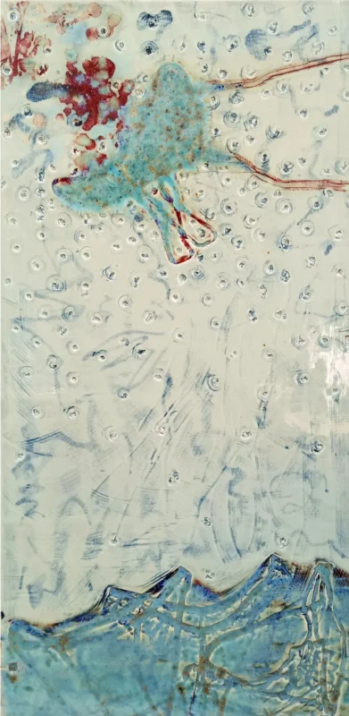 Dust of the Mortal World No.3, ceramic panel artwork by Chen Sibi featuring a blue bird motif, mountain forms, and kiln-transformed glaze textures.