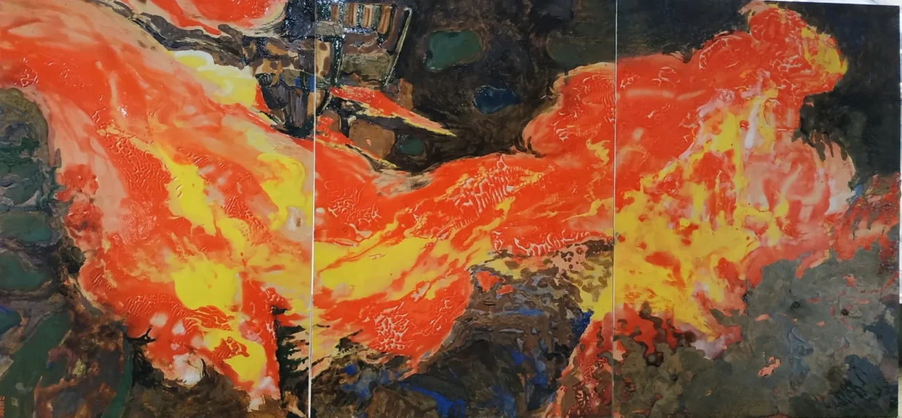 Vanity, triptych ceramic panel artwork by Chen Sibi featuring flowing red and yellow glazes that evoke desire, energy, and impermanence.