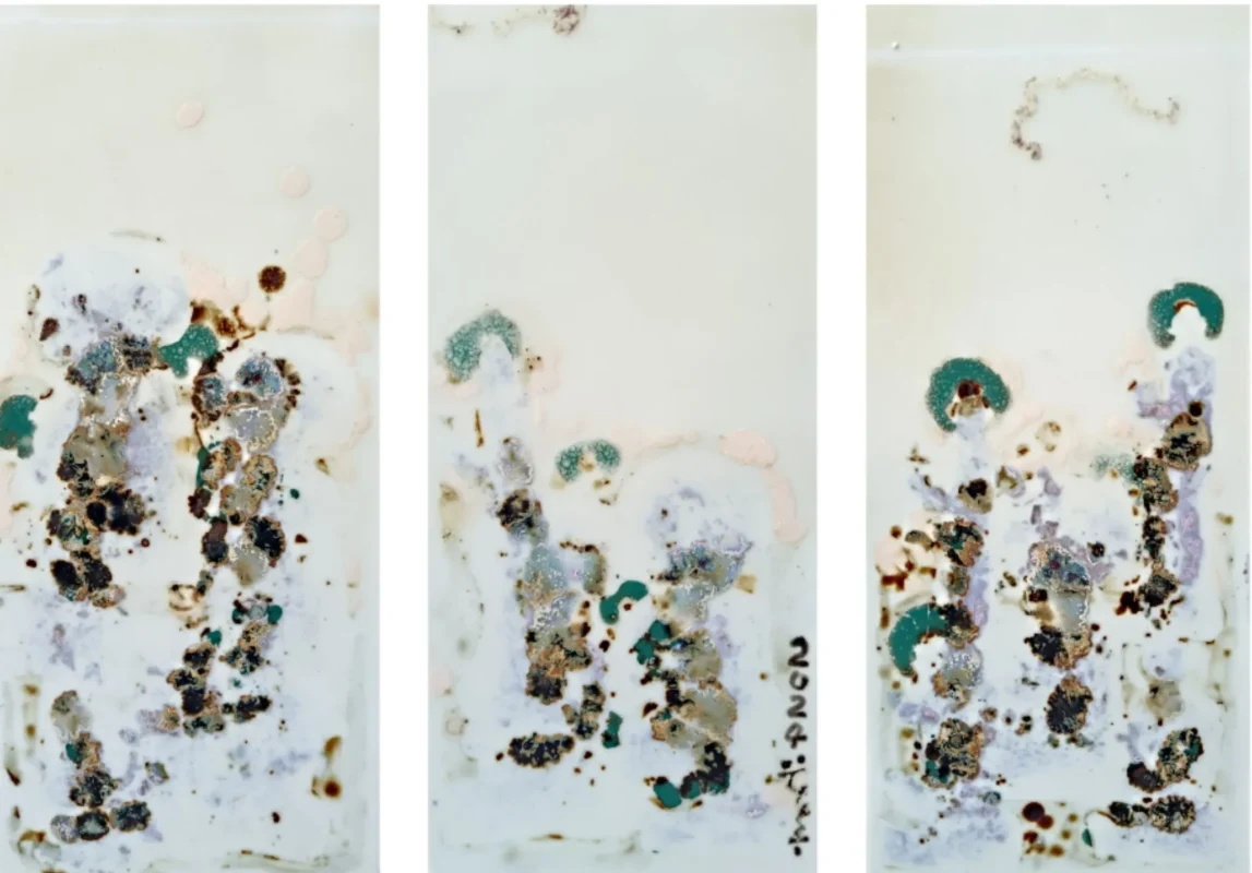 Buddha Light No.1, triptych ceramic panel artwork by Chen Sibi featuring abstract Buddhist figures formed through kiln-transformed glazes.