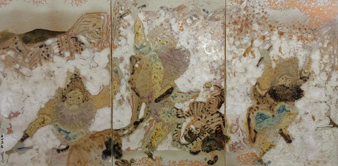War Dance of China, triptych ceramic panel artwork by Chen Sibi depicting dynamic figures and animal forms inspired by Chinese cultural heritage.