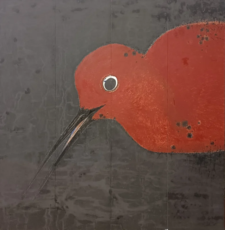 The Red Bird, ceramic panel artwork by Chen Sibi featuring a symbolic red bird rendered with glaze textures and minimalist composition
