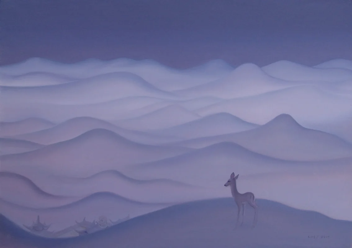 A solitary deer stands among layered lavender mountains, with distant pavilions barely visible through the misty landscape.