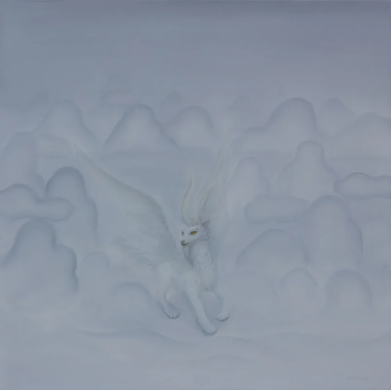 A white Bai Ze, a mythical creature from Chinese folklore, moves through mist-covered mountains in a tranquil dreamlike landscape.