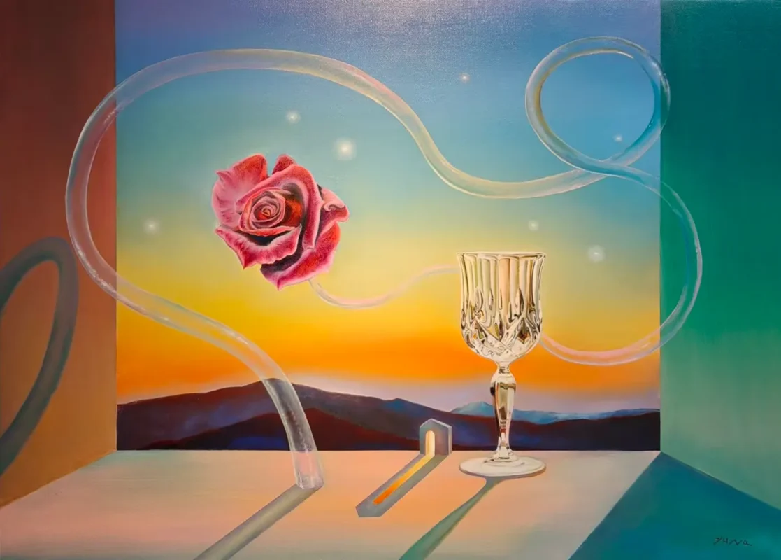 A rose and a crystal goblet float within a surreal architectural space connected by translucent tubular forms against a sunset landscape.