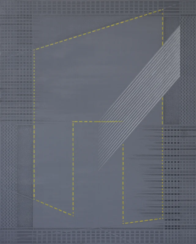 A geometric grey composition intersected by diagonal white lines and outlined by yellow dashed boundaries.