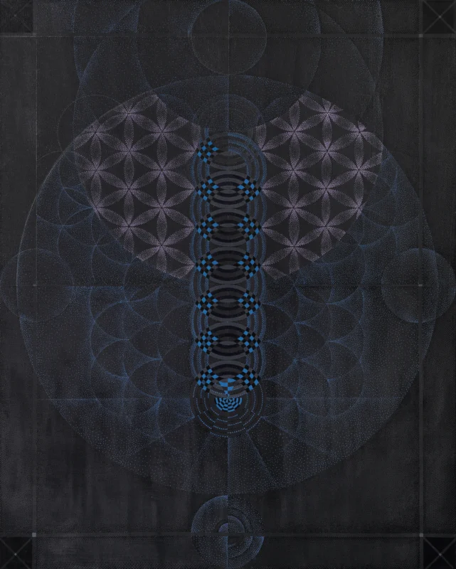 Mandala-like geometric structures and luminous blue-violet points form a symmetrical spiritual composition against a dark background.