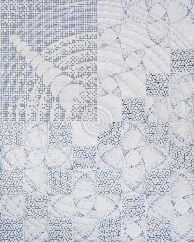 Abstract composition of pixel-like grids and repeating geometric forms converging toward a vortex-like center.