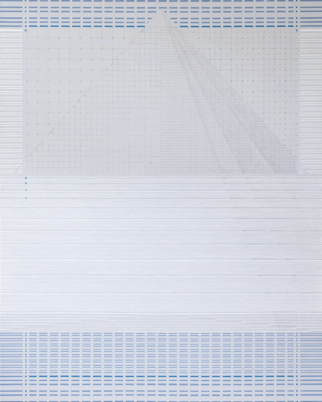 Minimalist abstract painting in pale grey tones featuring subtle grids, lines, and geometric structures.