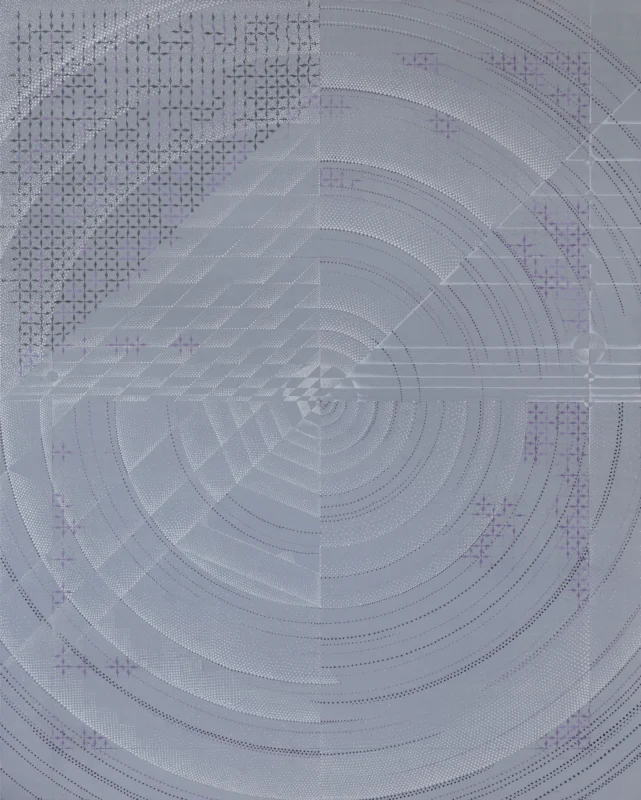Abstract painting composed of concentric circles, geometric grids, and radiating structures in soft grey tones, suggesting an expanding field of energy.