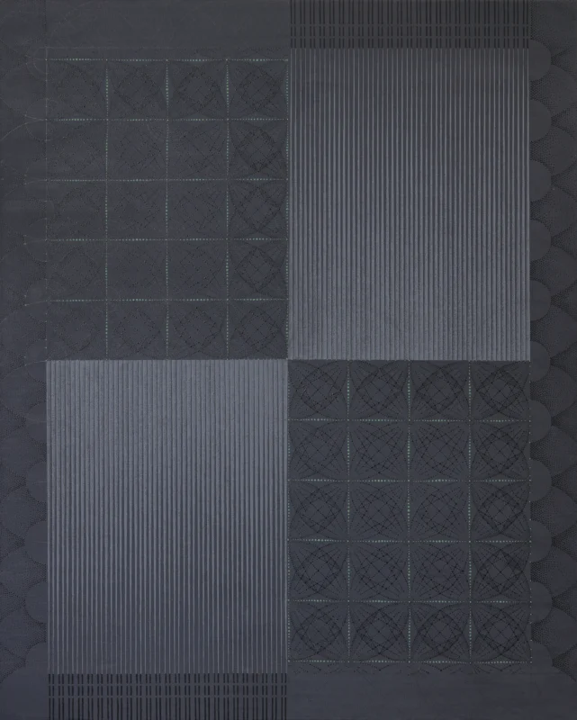 Abstract geometric painting composed of dark grids and vertical linear fields, creating a sense of division and passage.