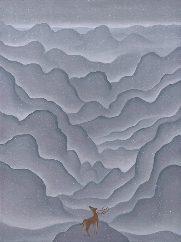 A deer gazes across a vast mountain realm dotted with luminous white specks, evoking the mythical landscape of Kunlun.