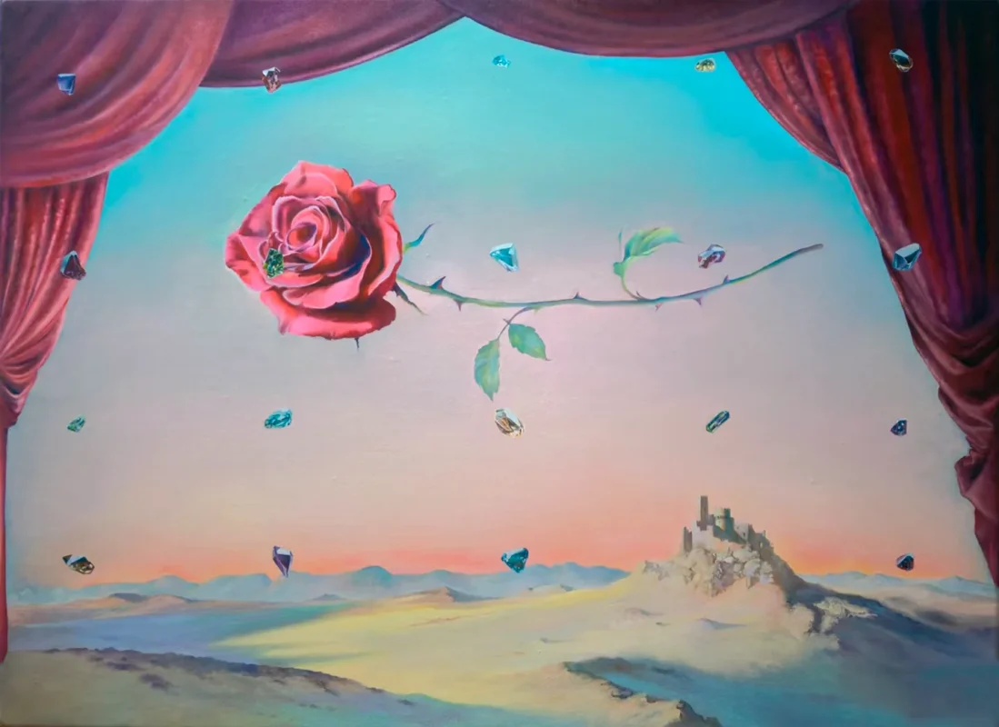 A blooming red rose floats across a theatrical landscape framed by curtains, surrounded by crystalline forms and a distant castle.