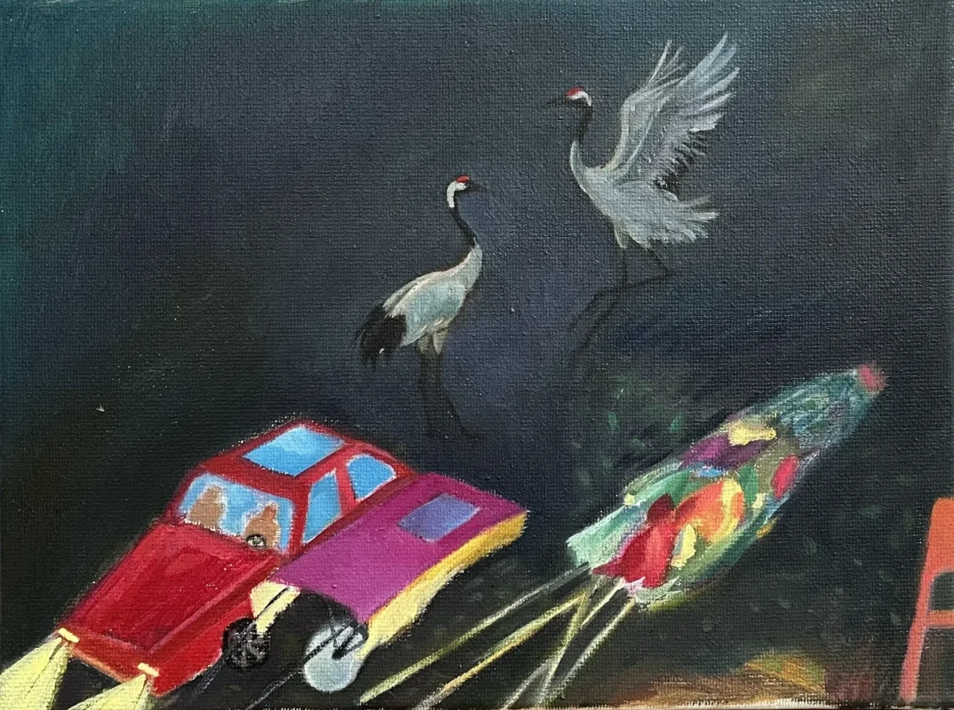 Paper funeral objects and cranes appearing in a dreamlike dark space
