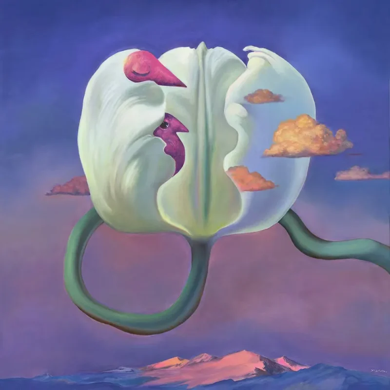 A surreal white tulip enclosing a large white bird and a smaller crimson bird, connected by a looping green tubular form beneath a sky of floating clouds.