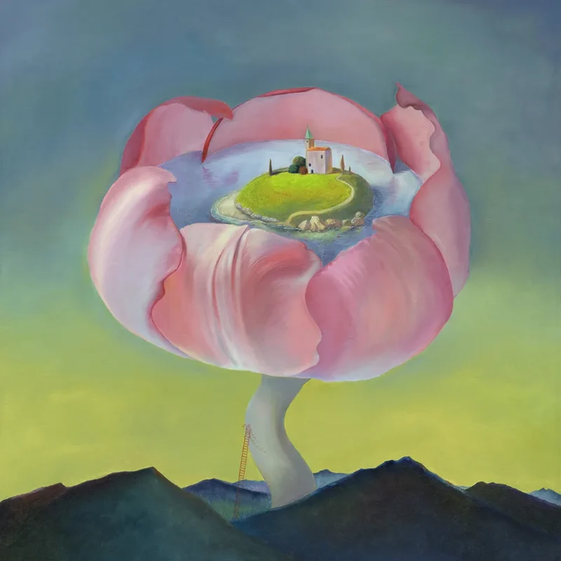 A giant pink flower opens to reveal a small island with a chapel surrounded by water, standing above dark mountain silhouettes.