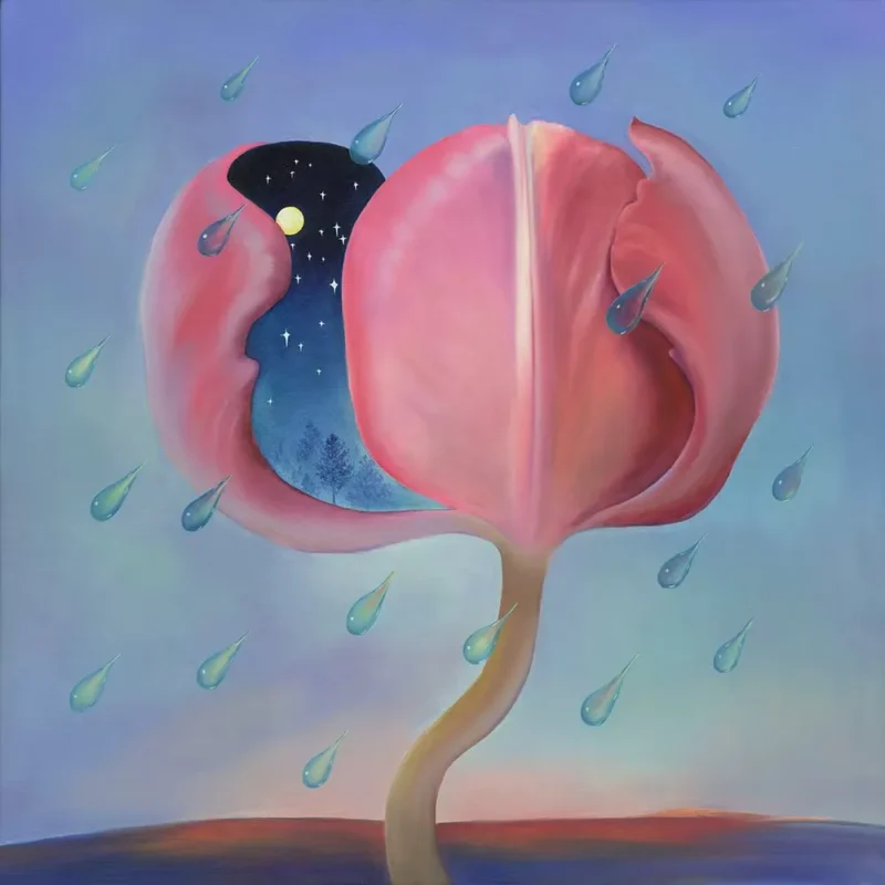 A giant pink flower opens to reveal a small island with a chapel surrounded by water, standing above dark mountain silhouettes.